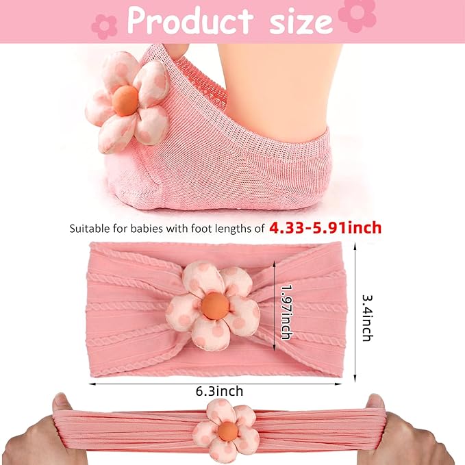MIUXUESO Baby Girls Headbands and Socks Newborn Flower Hairbands Non-Slip Grips Socks Nylon Hair Accessories Infants and Toddlers (Pink, 6-12 Months)