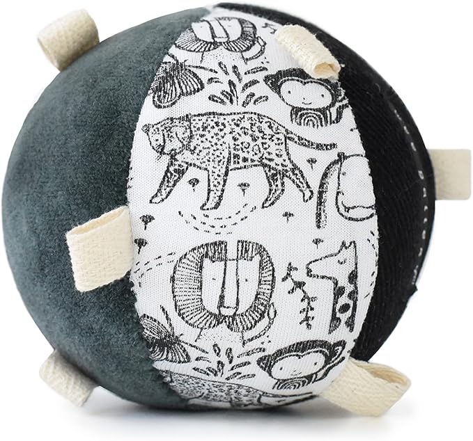 Wee Gallery Taggy Ball with Rattle, Soft Sensory Baby Toy, Sensory Ball with Organic Cotton Fabric, Little Tags & Gentle Rattle for Tummy Time, Grasping & Developmental Play, Wild