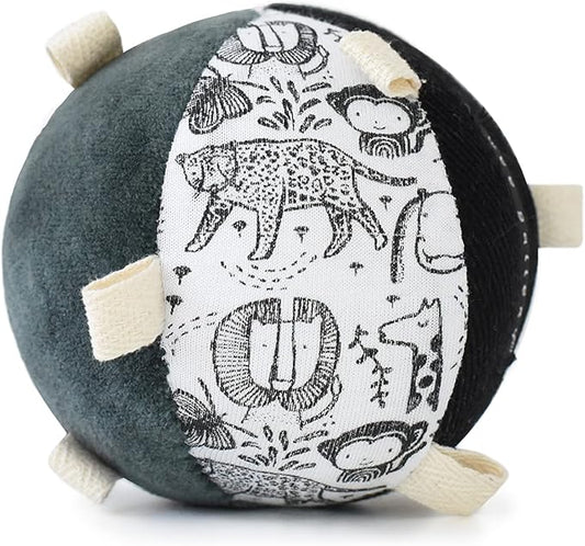 Wee Gallery Taggy Ball with Rattle, Soft Sensory Baby Toy, Sensory Ball with Organic Cotton Fabric, Little Tags & Gentle Rattle for Tummy Time, Grasping & Developmental Play, Wild