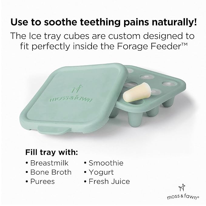 Moss and Fawn Little Explorer Kit - Silicone Frozen Breast Milk Popsicle Kit with Forage Feeder, Teething Popsicle Ice Cube Tray, & Gather & Roll Baby Feeding Bib - BPA, PVC, & Lead-Free - Fern