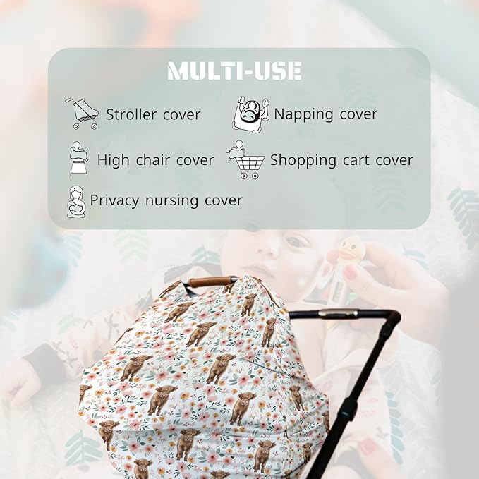 HawSkgFub Highland Cow Floral 5-in-1 Car Seat Cover for Baby Girl Cow Lover Gift, Western Cowgirl Retro Boho Flower Privacy Breastfeeding Nursing Cover, Newborn Infant Multi-use Carseat Canopy Carrier
