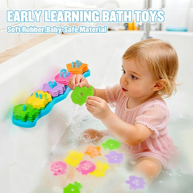 Bath Toys for Kids Ages 1-3 Mold Free Bath Toys for 1+ Year Old Educational Color and Shape Sorting & Stacking Toys with 20 Floating Pieces and Mesh Bag, Early Learning Toddler & Baby Tub Toys