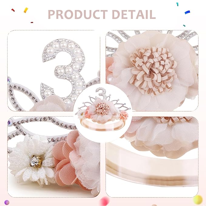cherrboll Flower Headband Birthday Crown for Girl, Floral Nylon Hairband for 1-3 Years Old Toddler, 3rd Birthday Party Dress Photo Decoration Hair Accessory