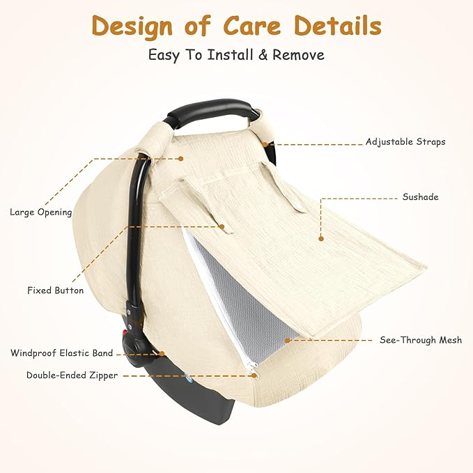 Car Seat Cover Baby, Summer Carseat Covers for Babies Girls Boys Breathable Muslin Cotton HNHUAMING Infant Car Seat Canopy with Large Mesh Window, Cozy & Windproof Newborn Stroller Cover, Apricot