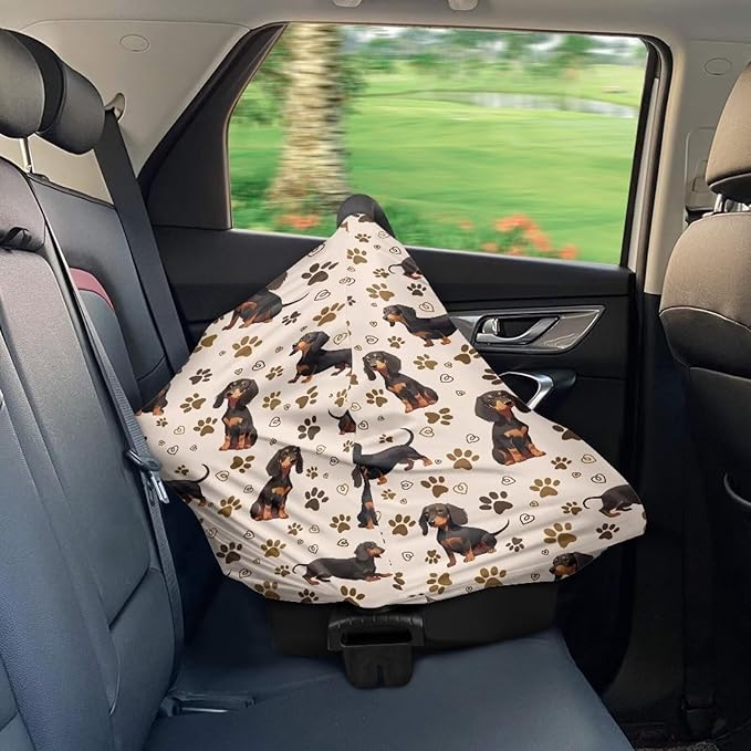 GIFTPUZZ Cute Dachshund Baby Car Seat Covers, Nursing Cover Breastfeeding Soft Infant Carseat Canopy, Stretchy Breathable Cover for Stroller High Chair, Shopping Cart Canopies Newborns Gifts