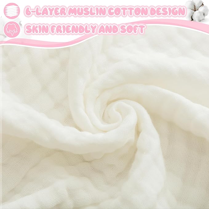 Preboun 6 Pcs Muslin Baby Hooded Towels Cotton Absorbent 6 Layers Cute Bath Toddler Towels for Newborn Kids Girl Infant Boys Toddler Shower Gift Supplies (Multicolor)