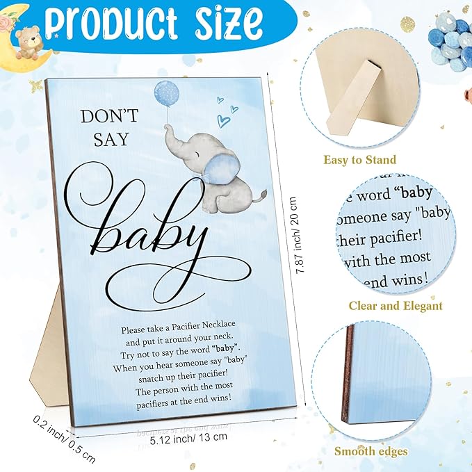 Geetery 51 Pcs Don't Say Baby Game Sign Cool Baby Shower Game 50 Pacifier Necklace Wooden Don't Say Sign Plastic Pacifier Party Favor for Gender Reveal(Elephant,Blue)
