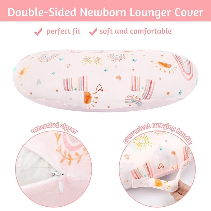 Newborn Lounger Cover for Girls Boys, Removable Soft Baby Lounger Cover, Reversible, Minky, Pink Rainbow & Sun