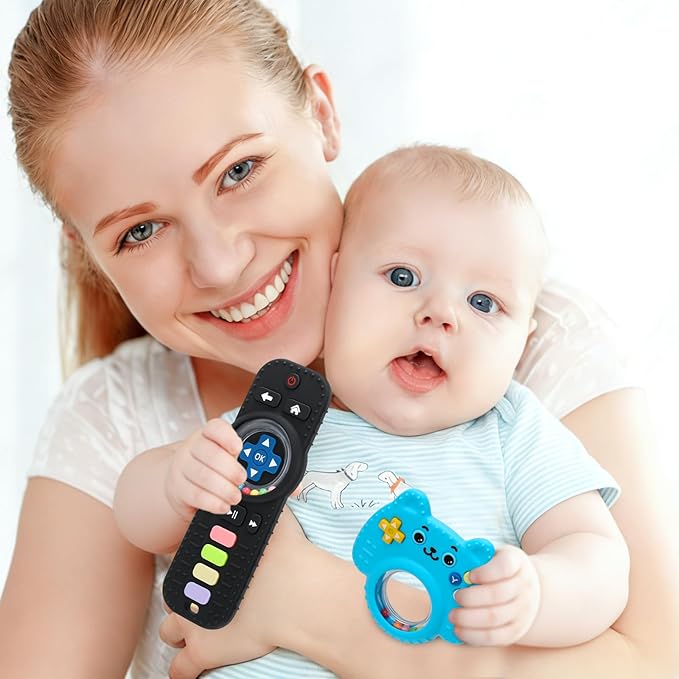 MISSLILI 2 Packs Teething Toy for Babies 0-6-9-12 Months, Silicone Baby Rattles Teether, Teething Relief Infant Toddles TV Remote Control Teether for 3-24 Months