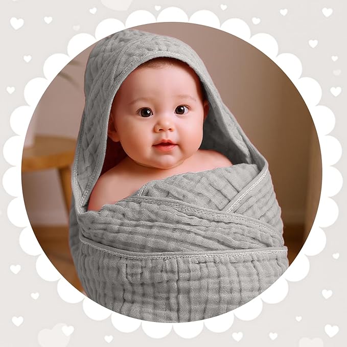 Peryiter 4 Pcs Muslin Hooded Baby Towels, 32"x 32" Cotton Newborn Bath Towel Muslin Infant Baby Blankets Absorbent Unisex Newborn Registry Gift Essentials for Girls Boys (Green,Gray,Beige)