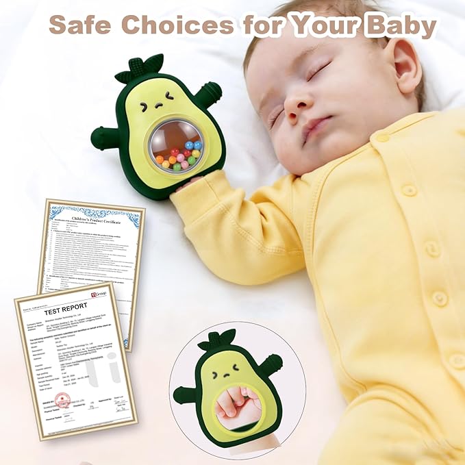 HAILI XMGQ Baby Teething Toys for 3-6 6-12 Months, Avocado Teething Mitten with Rattle, Food Grade Silicone Wrist Hand Teether for Teething Relief Newborn Chew Toys