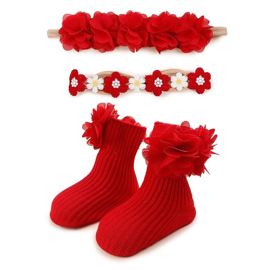 cherrboll Baby Girl Headbands and Socks Set, 3Pcs Soft Floral Hairbands Hair Bows Knit Socks for Newborn Infants Toddlers Photography Props Gifts
