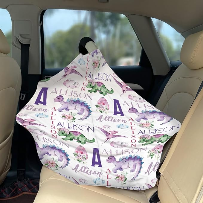 Personalized Baby Car Seat Cover Stroller Canopy: Custom Name Newborn Baby Boy Girl Elastic Dinosaur Nursing Cover for Moms First Birthday Gift Purple(one Size)