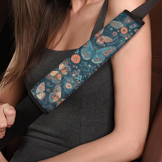 2 Piece Vintage Butterfly Print Seat Belt Covering Pad Shoulder Strap Retro Butterflies Daisy Floral Protection Car Seatbelt Covers Car, Truck, SUV Strap Shoulder Pad