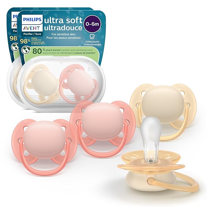 Philips Avent Ultra Soft Pacifiers - Orthodontic Design, for Babies 0-6 Months, Flexible Shield, Silicone Symmetrical Nipple, BPA-Free, 2 Sterilizing Cases, 48 Pack, SCF091/47