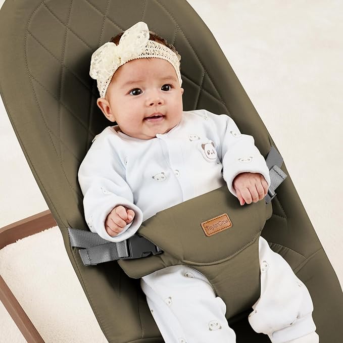Foldable Baby Bouncer, Baby Bouncer Seat with 3 Adjustable Heights, Portable Newborn Rocker, Ergonomic Bouncer Seat for Natural Bounce, Bouncer for Babies 0-6 Months, Soft Cotton (Green)