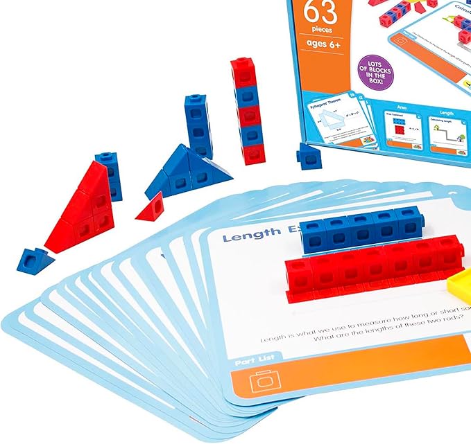 Junior Learning: Mathcubes - Shape, Length & Area - 30 Activity Set, Build & Learn, Blocks & Boards Hands On Math, Educational Set, Kids Ages 4+