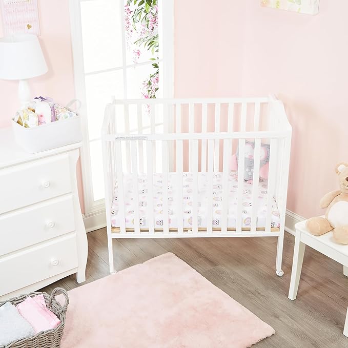2 Pack n Play Mattress Sheets – 100% Percale Weave Cotton Soft Portable Crib Mattress Sheets for Girls with Owls/Hearts and Solid Pink Design; 2 Pc Playpen Mattress or Mini Crib Sheet Fitted Set