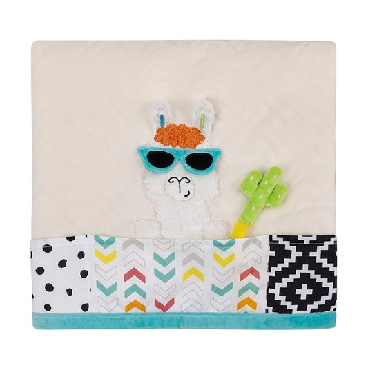 NoJo Sassy Baby Larry Llama White and Multi-Colored Super Soft Sherpa Baby Blanket with Teether Corners
