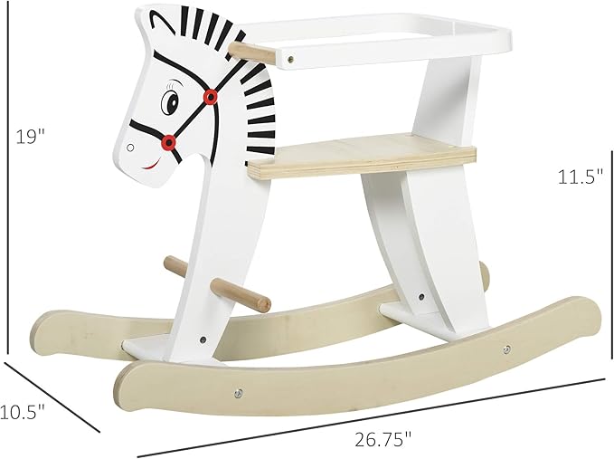 Qaba Wooden Rocking Horse Toddler Baby Ride-on Toys for Kids 1-3 Years with Classic Design & Wood Safety Bar, White