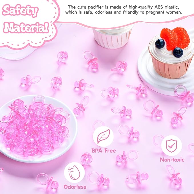 50 Pcs Mini Pacifiers Baby Shower Games Girl, 1.25 Inch Cute Baby Shower Pacifiers, Bulk Acrylic Pacifier for Party Table Scatter, Pacifier Hunt Game, Gender Reveal Decoration Party Favors(Pink)