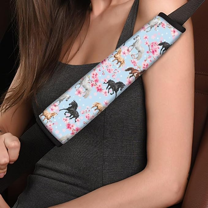 AFPANQZ Horse Cherry Blossoms 2 Pack Car Seat Belt Pads Covers Harness Universal Fit Cute Safety Seatbelt Comfortable Pads Cushion for Adults Kids Non-Slip Shoulder Straps
