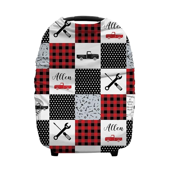Personalized Mechanic and Truck Baby Car Seat Covers with Name, Custom Nursing Cover Breastfeeding for Babies, Carseat Canopy for Boys, Infant Stroller Cover, Breathable Carseats Cover