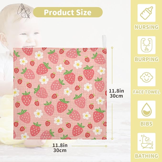 Moudou Strawberry Baby Muslin Washcloths 3 Pack, Absorbent Soft Cotton Baby Bath Face Towels Burp Cloths for Newborn Boys Girls, 12 x 12 Inch