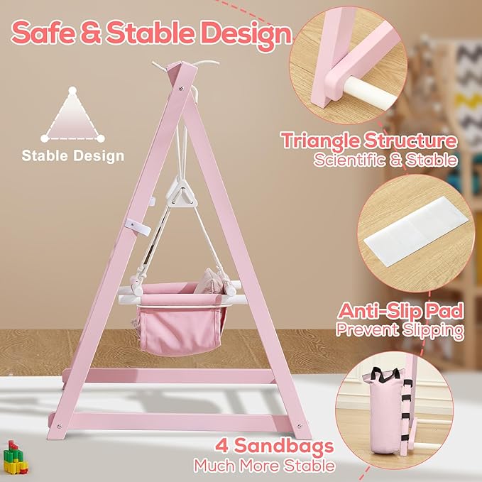 FUNLIO Montessori Wooden Swing Set for Toddlers 6-36 Months, Foldable Indoor Baby Swing Set of Durable Pine, Portable with 4 Sandbags &Extension Straps, Toddler Swing for Indoor/Outdoor-Pink