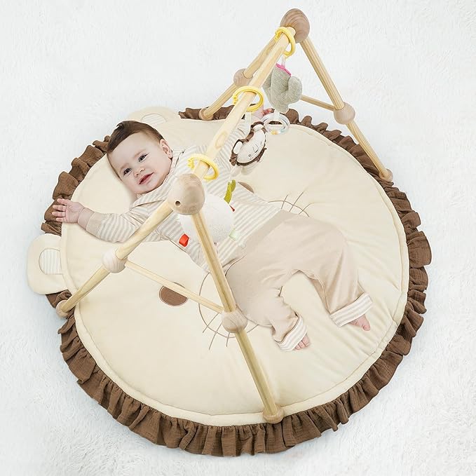4-in-1 Wooden Baby Play Gym & Activity Mat, Soft Cotton Tummy Time Mat for Babies 0+,with 3 Detachable Toys for Sensory & Motor Skill Development,Newborn Infant Baby Essentials Gift,Light Brown-Lion