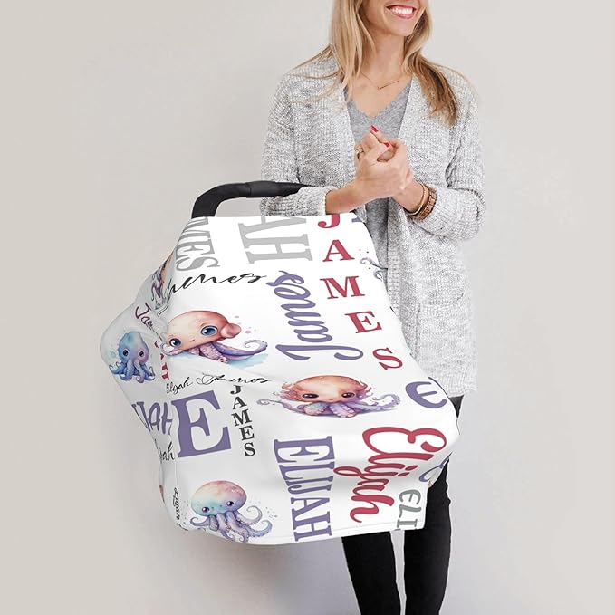 Personalized Baby Car Seat Cover with Name Stroller Canopy Custom Octopus Carseat Cover Newborn Baby Boy Girl Nursing Cover for Moms First Birthday Gift