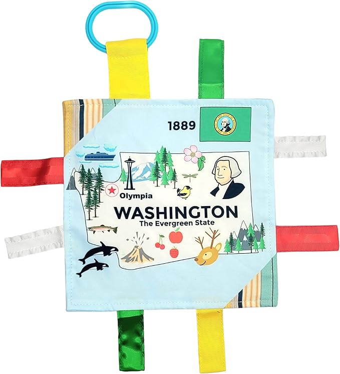 Baby Jack & Co 8x8” Learning Lovey Washington State Tag Stroller Toy for Babies - Crinkle Toys for Developing Five Senses - Learn About Capitals - Travel with Baby Jack - BPA Free Clip