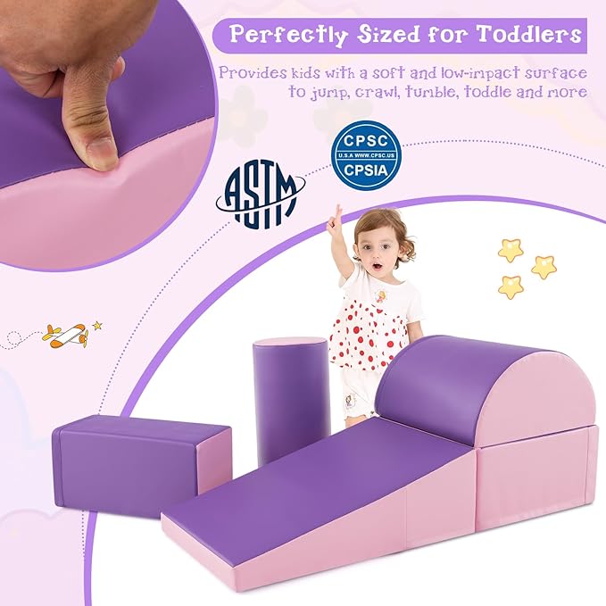 Costzon 5 Pieces Climbing Toys for Toddlers, Soft Foam Block Play Structures Infants Climbers for Child Development, Waterproof Kids Climbing Toys Indoor for Preschool Baby (Pink & Purple)