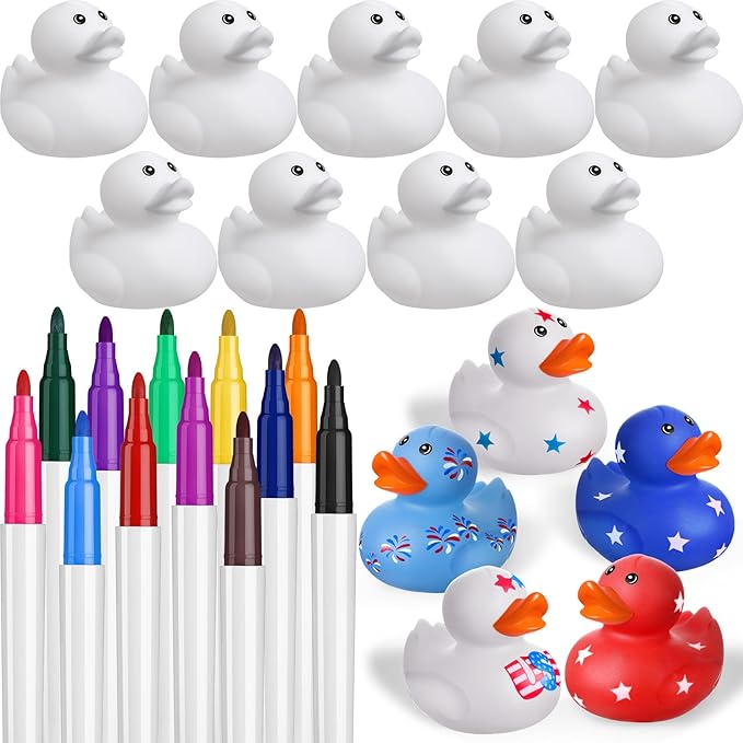 Jerify 12 Pcs 2 Inch White Blank Rubber Ducks for Kids DIY St. Patrick's Day Creative Rubber Ducks with Pens of 12 Colors for Pool Bathtub Float Cute Easter Classroom Crafts Birthday Party Favors