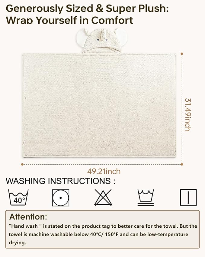 Hooded Baby Towels Super Absorbent Baby Bath Towel for Winter– Extra Large 49”x31” – Ultra Soft Coral Fleece for Newborns, Infants & Toddlers – Cute Elephant Design – Quick-Drying