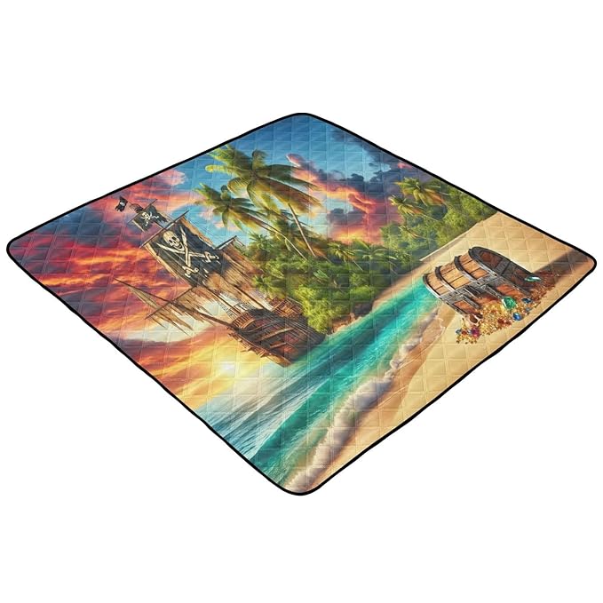 Tropic Pirate Ship Baby Play Mat for Floor, 50 x 50 Inch Soft Crawling Mat for Playpen, Waterproof Foldable Foam Baby Play Mats for Infants, Babies, Toddlers