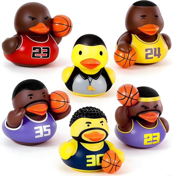 6 Pcs Sealed Bath Toys for Toddlers 1-3, No Hole Rubber Ducks Basketball Sports Theme, Water-Tight Floating Infant Bathtub Toys & Car Ducking Game Accessories