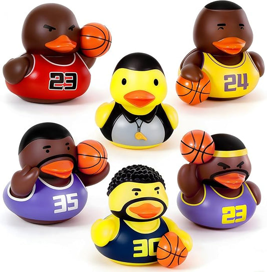 6 Pcs Sealed Bath Toys for Toddlers 1-3, No Hole Rubber Ducks Basketball Sports Theme, Water-Tight Floating Infant Bathtub Toys & Car Ducking Game Accessories