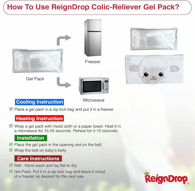 ReignDrop Colic Relief for Newborns – Gas Relief Set with Belly Band, Gel Pack, Storage Bag – Soothing Calming Warm or Cold Compression Baby Belly Belt (Lamb Gel Pack)