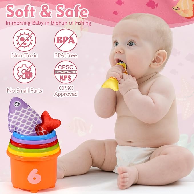 Montessori Toys for 1 Year Old - 20PCS Cloth Toddler Pink Fishing Game with Stacking Cups,Baby Color Sorting Toy 12-18 Months One Year Old Birthday Gift,Best Easter Gifts for 1-3 Year Olds