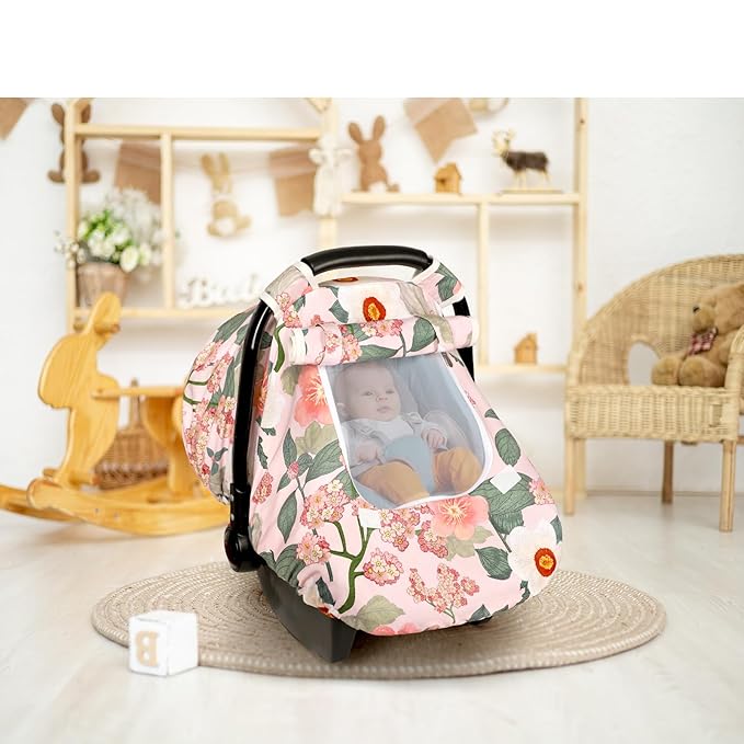 TANOFAR Car Seat Cover Baby, Winter Carseat Cover for Newborn, Infant Car Seat Cover with Windproof and Kick-Proof, Super Warm Plush Fleece Baby Carrier Cover for Infant Boys Girls (Floral)