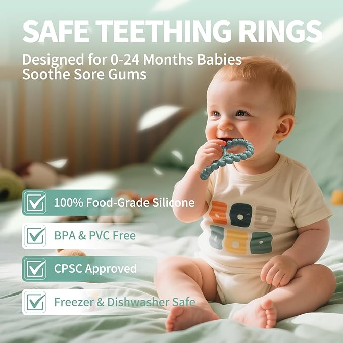 Baby Teething Rings 3 Pack, Silicone Teether Toys for Babies 0-6 & 6-12 Months, Freezable Ring Teethers Toddler Chew Relief Essentials, Infant Boys & Girls Stocking Stuffers (Mint Green Blue)
