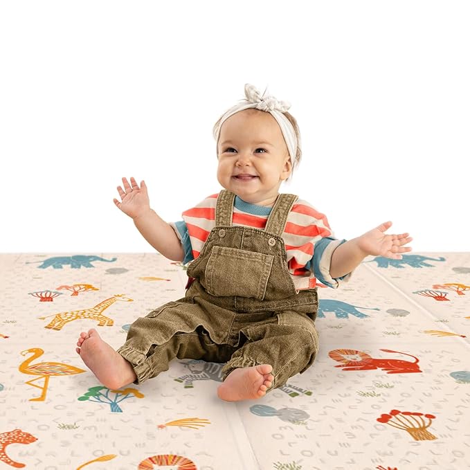 Oribel Foldable Baby Play Mat | 6.6ft x 5ft | Odour Resistant | Premium Thick & Plush | Waterproof, Stain Resistant & Easy Clean (Savanna Adventure)