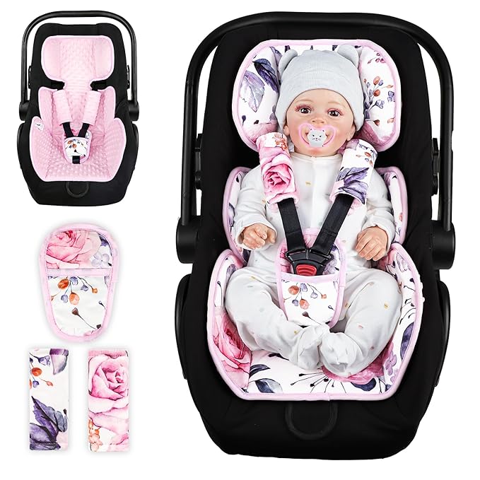 Infant Car Seat Insert with 3 Straps Covers, Ultra-Thick Baby Car Seat Head Support for Side Impact Protection, Minky Dot Baby Car Seat Cushion, Universal Pink Carseat Head Support for Newborn