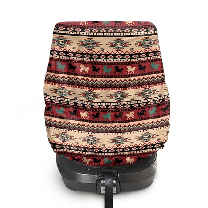 Aztec Car Seat Cover for Baby Carseat, Tear-Resistant Car Seat Sun Shade Cover with Vintage Horse Print, Universal Toddler Car Seat Replacement Cover