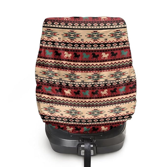 Aztec Car Seat Cover for Baby Carseat, Tear-Resistant Car Seat Sun Shade Cover with Vintage Horse Print, Universal Toddler Car Seat Replacement Cover