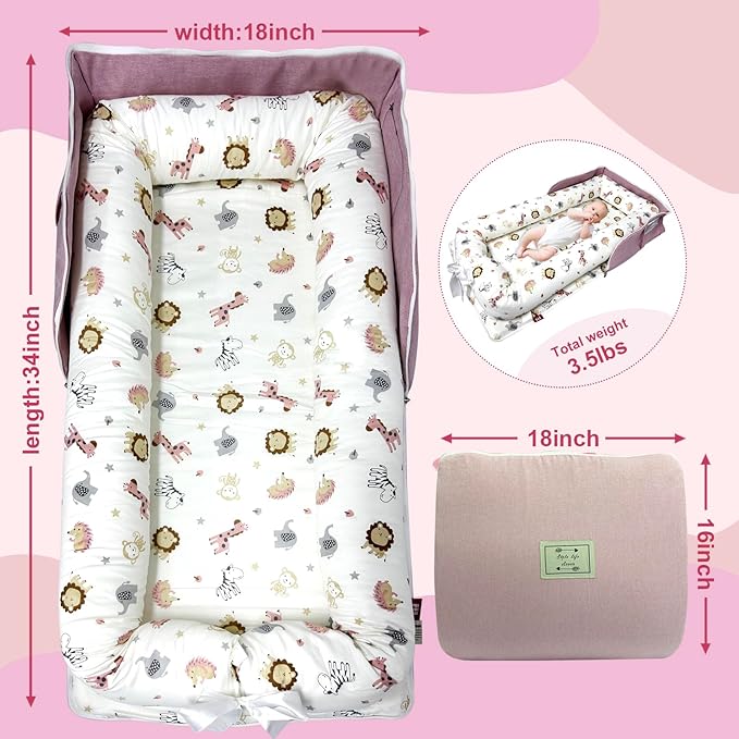 Baby Lounger, Foldable Portable Infant Lounger, Baby Nest Cover, Suitable for 0-24 Months Newborn Baby Lounger,Home Travel Dual-Purpose Baby Nest（Pink Zoo）