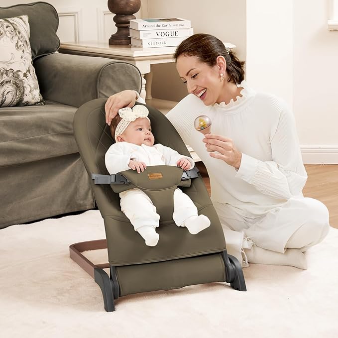 Foldable Baby Bouncer, Baby Bouncer Seat with 3 Adjustable Heights, Portable Newborn Rocker, Ergonomic Bouncer Seat for Natural Bounce, Bouncer for Babies 0-6 Months, Soft Cotton (Green)