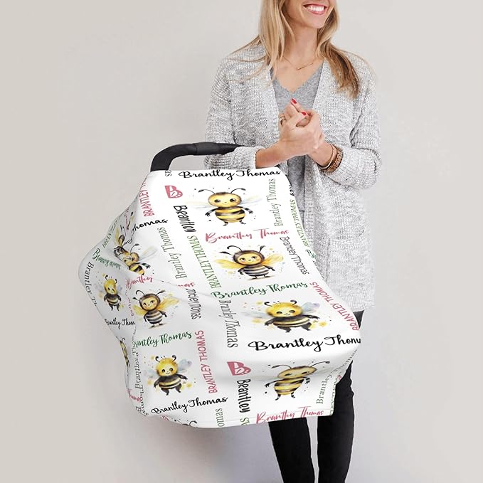 Personalized Baby Car Seat Cover with Name Stroller Canopy Custom Bee Carseat Cover Newborn Baby Boy Girl Nursing Cover for Moms First Birthday Gift