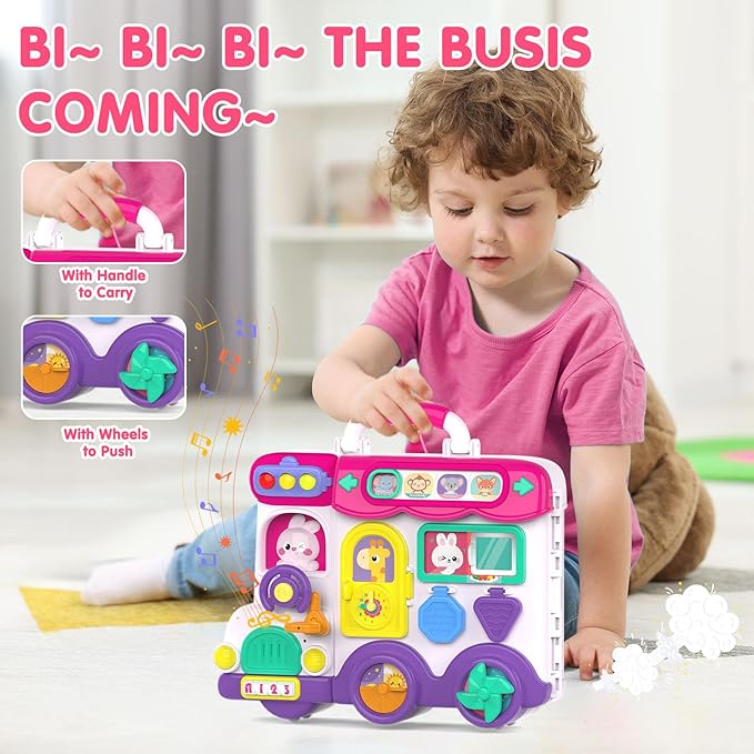 Toddler Toys for 1-2 Year Old Girl ,Montessori Bilingual Musical Busy Car Board,Baby Stuffed Animals Toys for Toddlers 1-3,Motor Skills Learning Toy 12-18 Month,Birthday Gift for 1+ Year Old Boy Girl